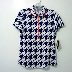 Jofit blue white red houndstooth print top